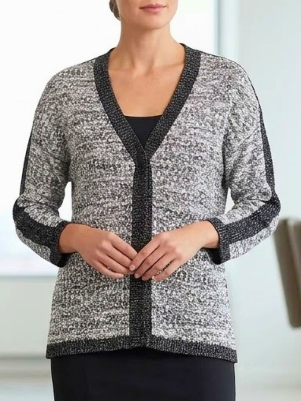 JM COLLECTION Black White Boucle Metallic Cardigan Sweater Size M